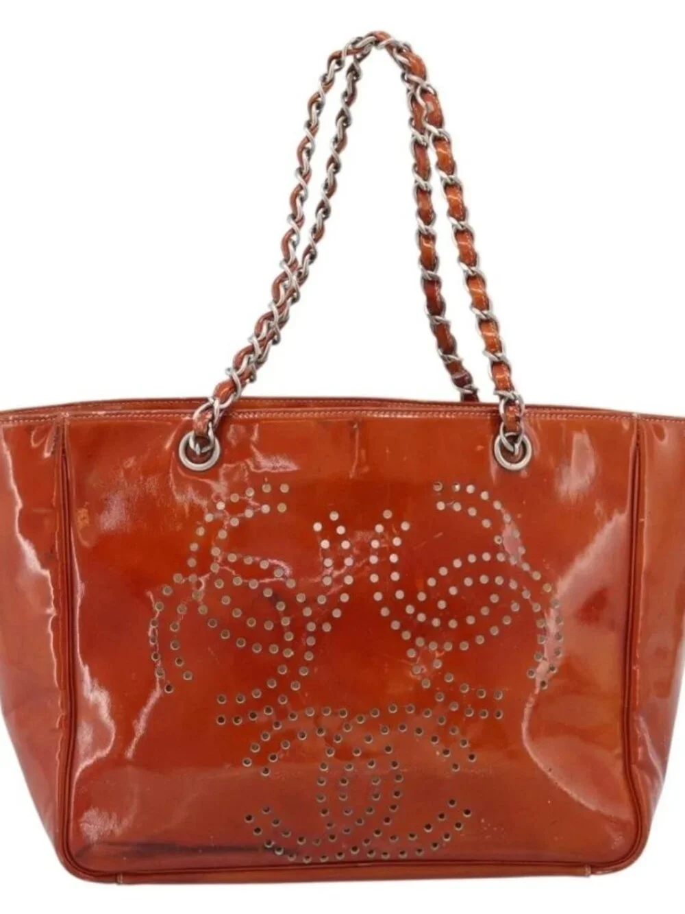 CHANEL Triple Coco Chain Tote Bag Patent leather Orange Silver CC Auth bs18659